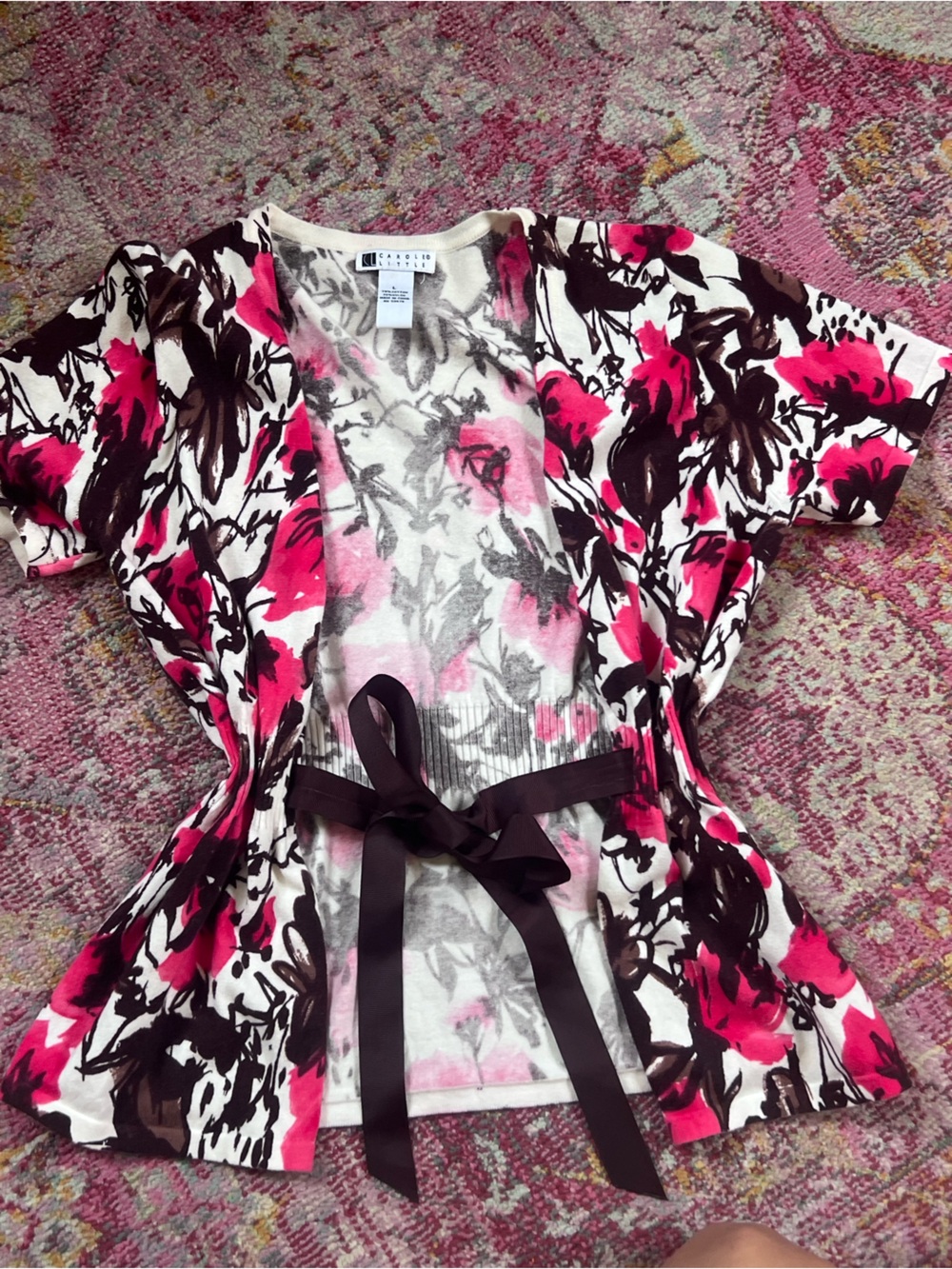 Carole Little Floral Knit Cardigan Sweater Bow Waist Tie Pink & Brown
